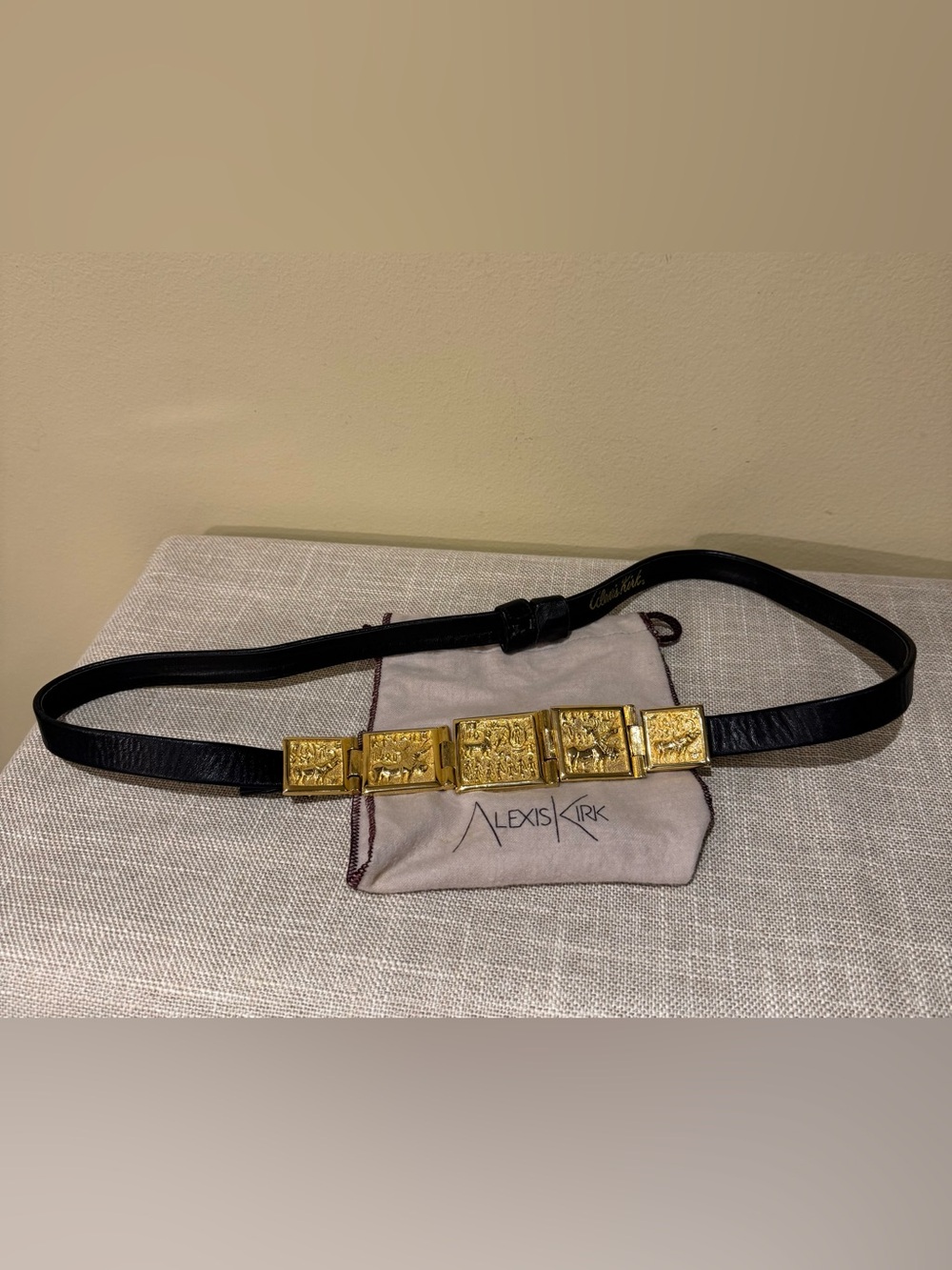 Vintage Alexis Kirk Signed Egyptian Revival Gilt Hinged Panel Statement Belt